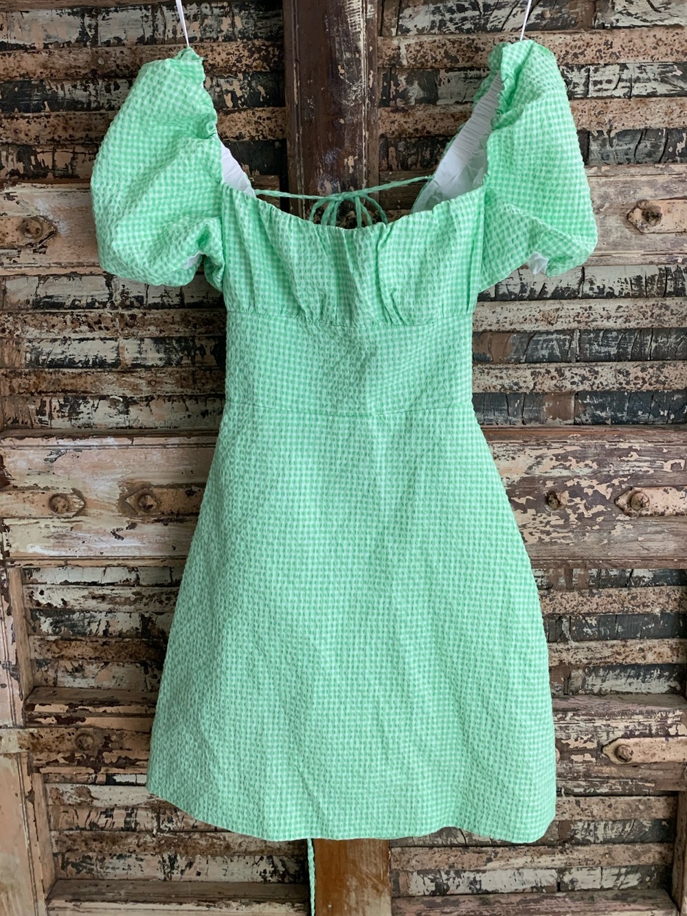 Zara Gingham Mint Check Puff Sleeve Mini Dress, Criss Cross, Open Back Tie, XS
